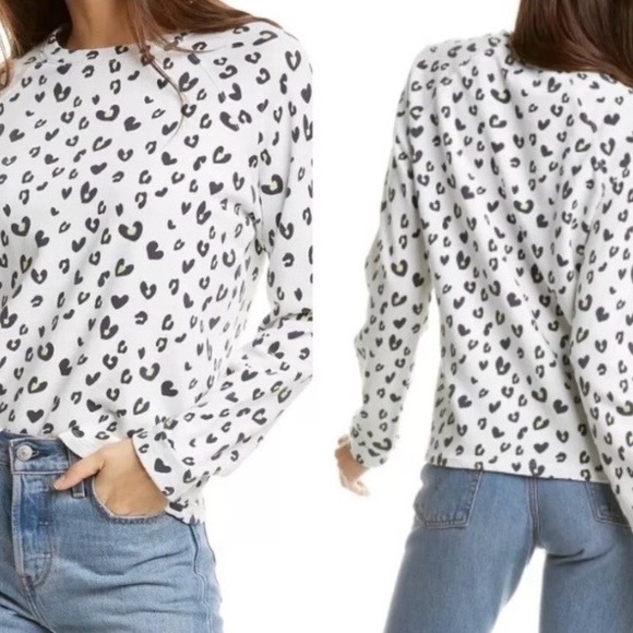 Monrow Tops - Monrow White Raglan Black Leopard Hearts Sweatshirt, Size Large
